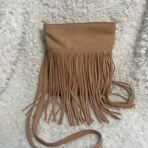 Margot leather suede blush pink fringe small crossbody bag.